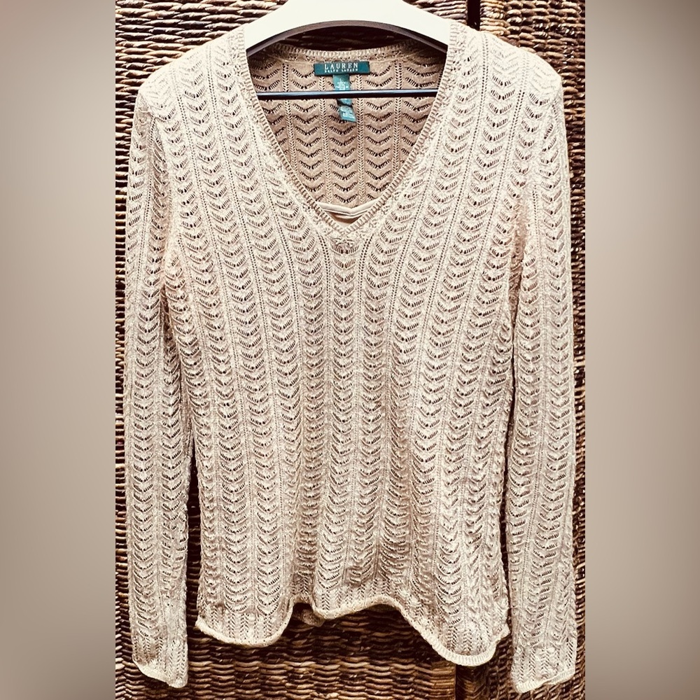 Lauren Ralph Lauren-Women's Gold V-Neck Sweater-Large, Curl on‎ bottom